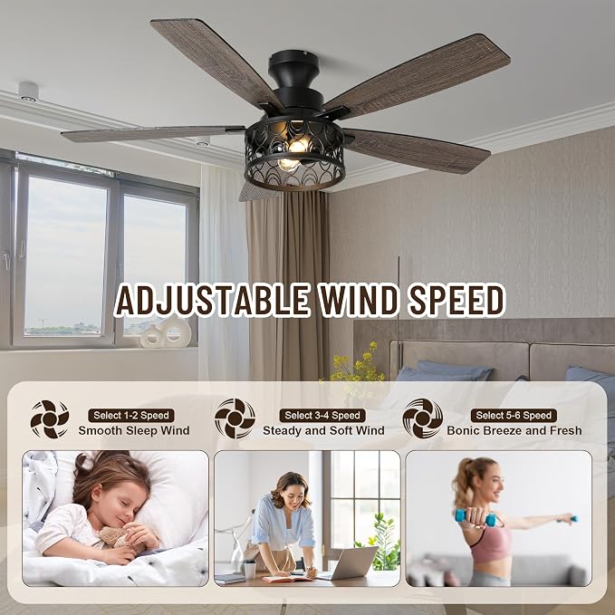 52'' Flush Mount Farmhouse Ceiling Fan with Light & Remote Control | Reversible Quiet DC Motor,6-Speed,Timer Dual-Sided Blades,Low Profile Industrial Caged Ceiling Fan for Bedroom Living Room