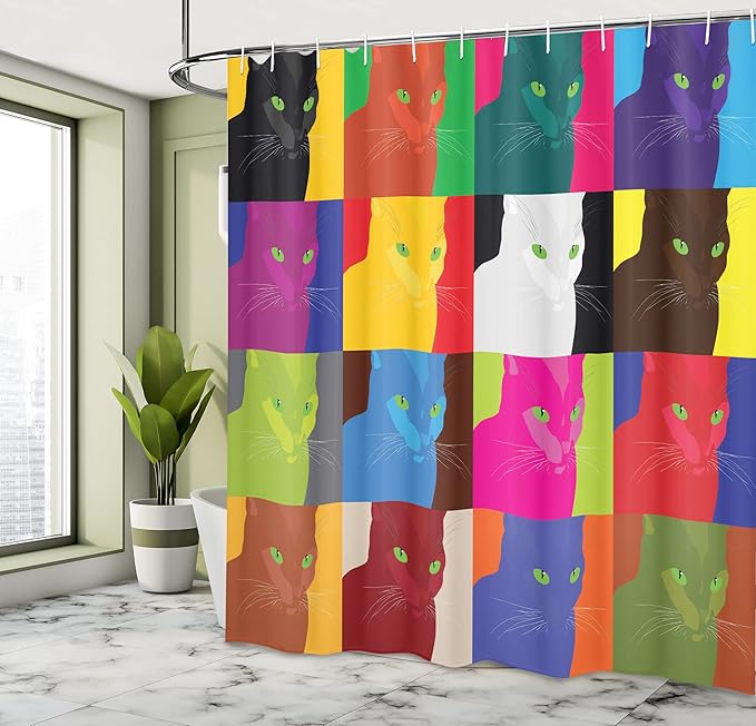 Ambesonne Cat Shower Curtain, Pop Art Style Featured Fractal Kitty Portraits Frame Color Effects Print, Cloth Fabric Bathroom Decor Set with Hooks, 69" W x 75" L, Magenta Red