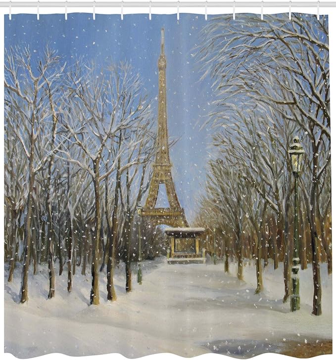 Ambesonne Country Shower Curtain, Winter Scene of Historical Eiffel Tower in Paris Snowy City Europe Urban View, Cloth Fabric Bathroom Decor Set with Hooks, 69" W x 84" L, White Blue Grey