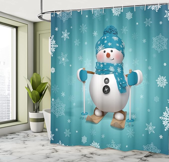 Ambesonne Snowman Shower Curtain, Skiing with Ornate Snowflakes Winter Vacation Activity Fun Hobby, Cloth Fabric Bathroom Decor Set with Hooks, 69" W x 84" L, Turquoise White Pale Brown