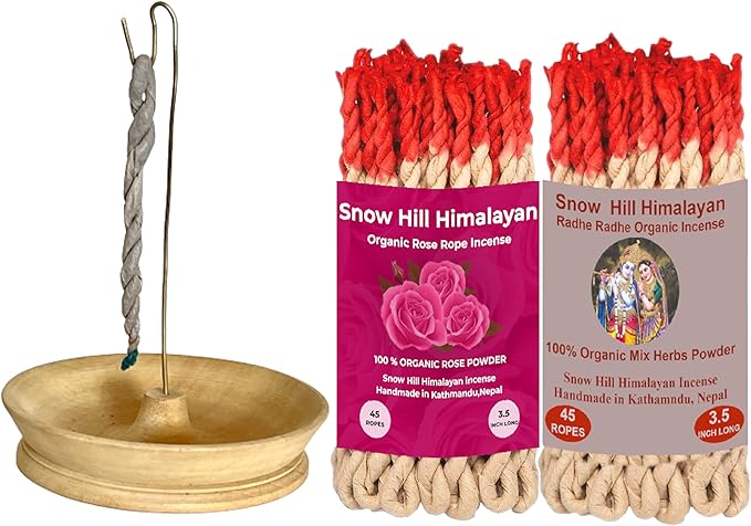 Snow Hill Incense Rope Holder Burner with 2 Pack of Rose & Radhe Radhe Incense Rope, Organic Composed of 26 Ritual Ingredients - Wooden Incense Ash Catcher Burner - Handmade in Nepal