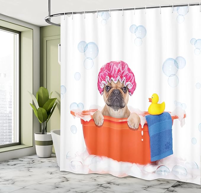 Ambesonne Dog Lover Shower Curtain, French Bulldog Having a Bath in Tub Rubber Duck Theme on Bubbles Background, Cloth Fabric Bathroom Decor Set with Hooks, 69" W x 70" L, Orange Pink