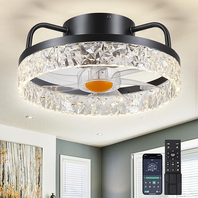 Mpayel 13" Ceiling Fans with Lights and Remote - Flush Mount Low Profile Ceiling Fans - Bladeless Enclosed Fans with Led Light and Stepless Dimming, Small Modern Fan for Bedroom