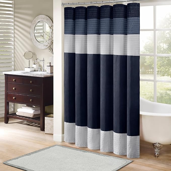 Madison Park Amherst Bathroom Shower Curtain Faux Silk Pieced Striped Modern Microfiber Bath Curtains, 72x84 Inches, Navy