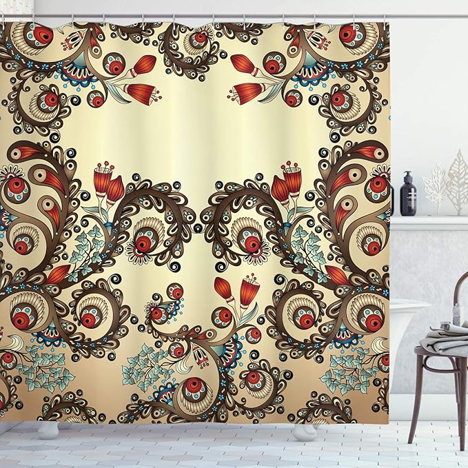 Ambesonne Floral Shower Curtain, Traditional Flower Motif East Culture Inspired Ivy Swirls Sprout, Cloth Fabric Bathroom Decor Set with Hooks, 69" W x 70" L, Brown Black