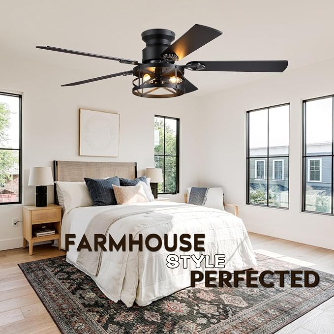 JSAITEE 52in Flush Mount Farmhouse Ceiling Fan with Lights, Caged | Low Profile Fan Light with E12 Base(Bulbs Not Included), 6 Speeds Adjustable&Timer, Rustic Lighting Fan for Indoor/Outdoor