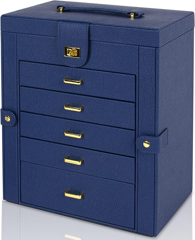 AKOZLIN 6-Tier Jewelry Box Organizer Functional 5 Drawers Leather Jewelry Storage Case for Women Girls Ring Necklace Earring Bracelet Holder Organizer with Mirror Blue Large