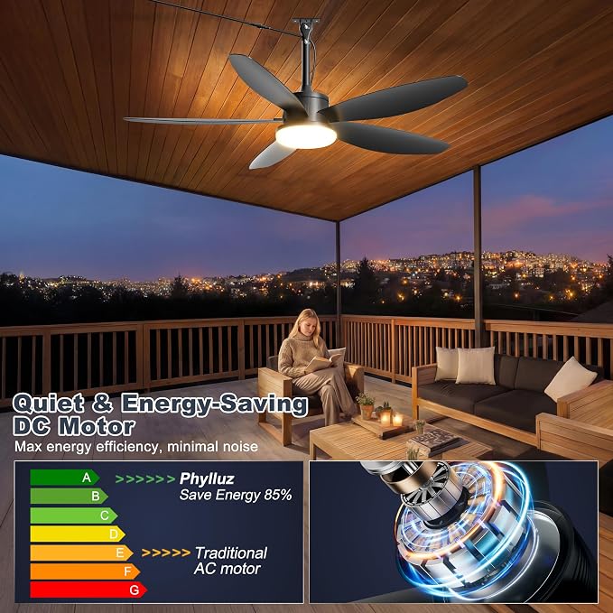 Outdoor Ceiling Fan with Lights, 48 Inch Plug in Gazebo Fans with Remote APP Control, Quiet DC Motor, Dimmable 3CCT, Waterproof Hanging Fans for Patios, Porch, Black