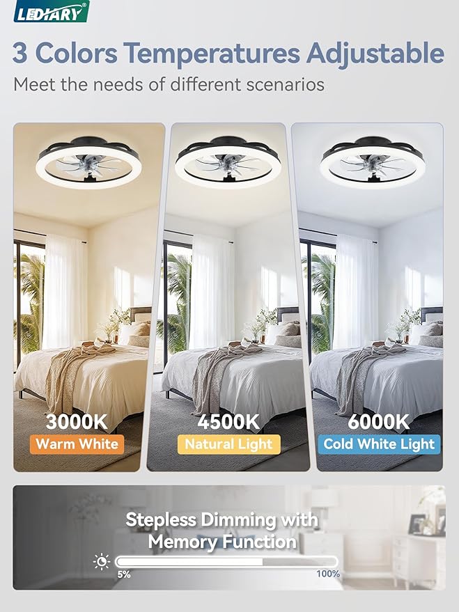 LEDIARY 20 Inch Low Profile Ceiling Fans with Lights and Remote, Dimmable Modern Fan Light(3000K-6000K), 6 Speed, Reversible, APP & Remote Control, Flush Mount Ceiling Fan for Bedroom, Black