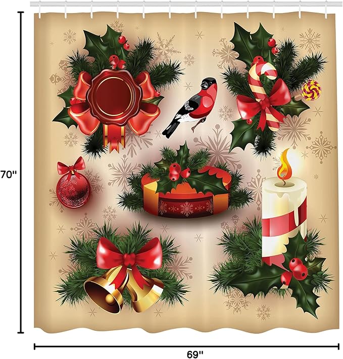 Ambesonne Christmas Shower Curtain, Vintage Style Classical Candle Bell Mistletoe Ribbon Bird Art Print, Cloth Fabric Bathroom Decor Set with Hooks, 69" W x 70" L, Multicolor Red