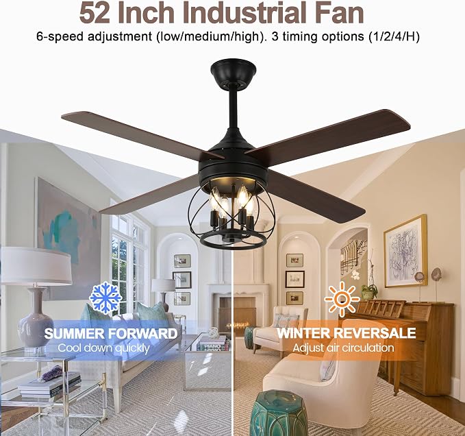 52 Inch Farmhouse Ceiling Fan with Light and Remote Industrial Ceiling Fan Quiet and Reversible DC Motor Rustic Caged Chandelier Fan for Living Room Bedroom Patio (Caged Frame)