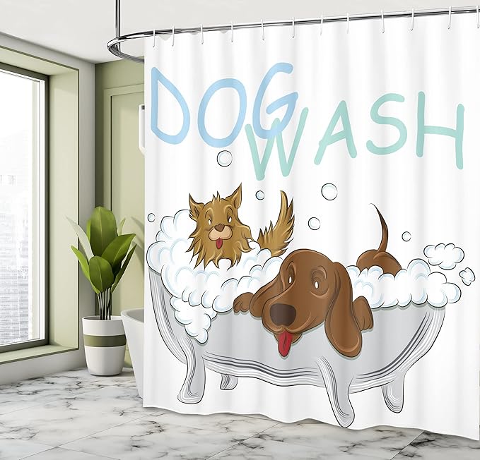 Ambesonne Cartoon Shower Curtain, Playful Dogs Wash in a Bathtub Grooming Each Other Pets Theme Humor Funny Whimsical Illustration, Cloth Fabric Bathroom Set with Hooks, 69" W x 75" L, Brown White