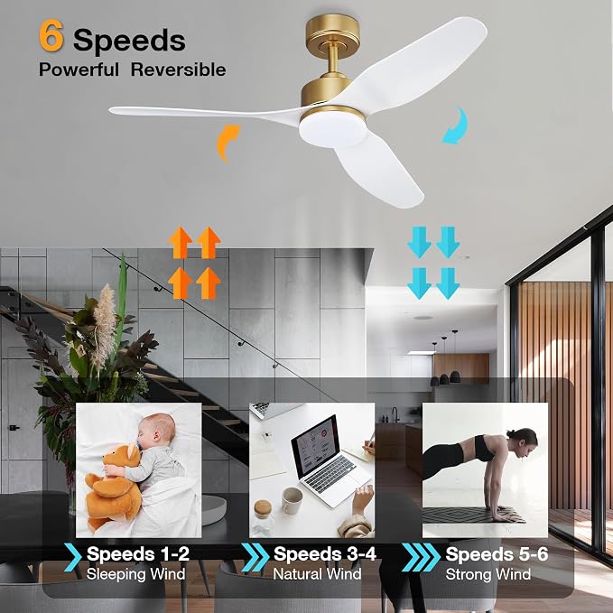 Hoenofly 48 Inch Smart Ceiling Fans with Lights and Remote Control,Dimmable LED Light,Outdoor Indoor Gold White Ceiling Fan,Quiet DC Motor,WIFI Alexa App Workable,for Modern Bedroom Living Room Patio