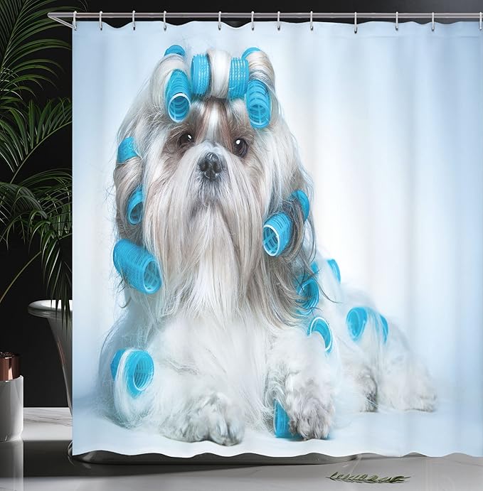Ambesonne Dog Lover Shower Curtain, Shih Tzu Dog Grooming Hairstyle Salon Front View Closeup Studio Shot, Cloth Fabric Bathroom Decor Set with Hooks, 69" W x 75" L, Pale Blue