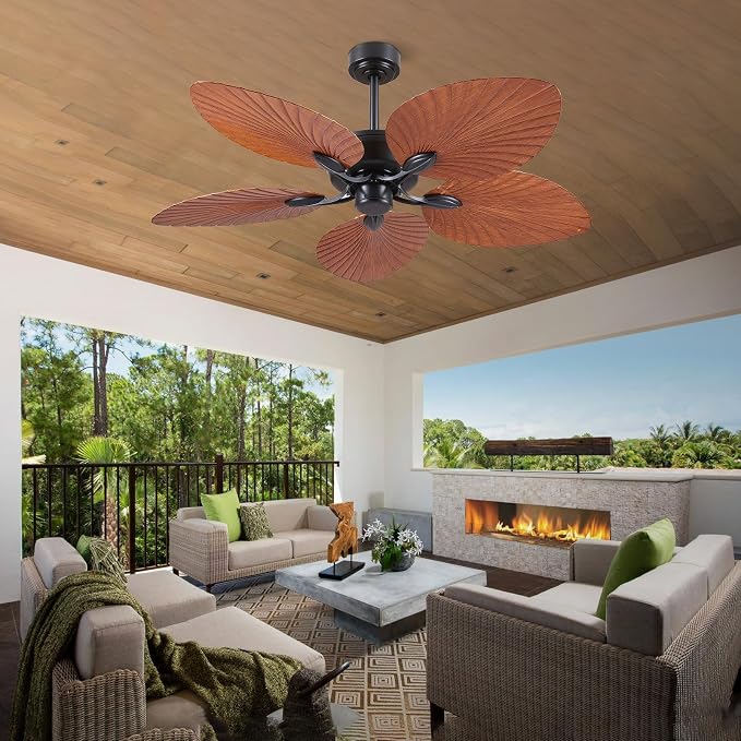 52 Inch Waterproof Outdoor Palm Leaf Ceiling Fans without Lights and Remote | IP44 Wet-rated,6 Wind Speeds, Reversible, 40W Quiet DC Motor,1/4/8H Timer,Suit for Patios Porch Gazebo Pergola