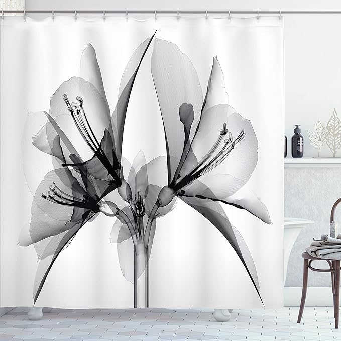 Ambesonne Flower Shower Curtain, Illustration of a Blooming Flower X-ray Vision of Nature Solarized Pattern, Cloth Fabric Bathroom Decor Set with Hooks, 69" W x 84" L, Taupe Grey