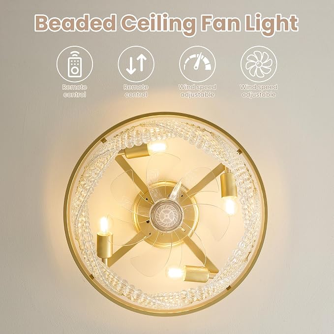 Crystal Caged Ceiling Fans with Lights Flush Mount, 20 inch Crystal Fandelier Ceiling Fan with Light and Remote, Chandelier Modern with Lights for Bedroom, Dining Room, Living Room