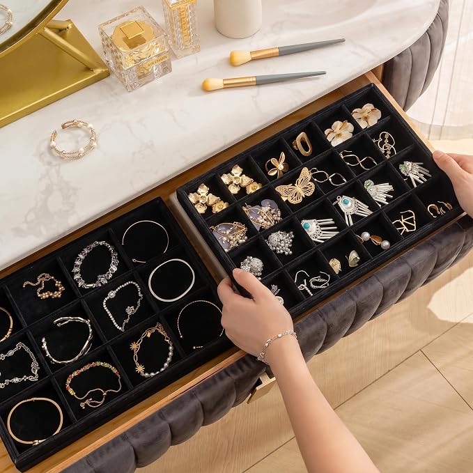 Frebeauty Jewelry Trays for Drawer,Set of 2 Jewelry Organizer and Storage | Velvet Material,Stackable,Adjustable Dividers,Drawer Inserts for Rings Studs Bracelet,Earring Organizer for Women Girls