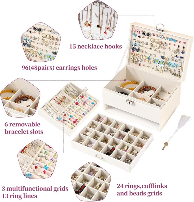 BOOVO Large Jewelry Boxes For Women (White, 5 layer) | 5 Layers Jewelry Organizer Box With Cosmetic Storage Drawer, Necklace Ring Jewelry Organizer Box