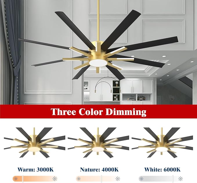 72 inch Large Ceiling Fans with Lights and Remote，Indoor/Outdoor Modern Ceiling Fan for Living Room Patio，6 Speed Reversible，8 Blades and 9 Lights，3 CCT，Black Gold