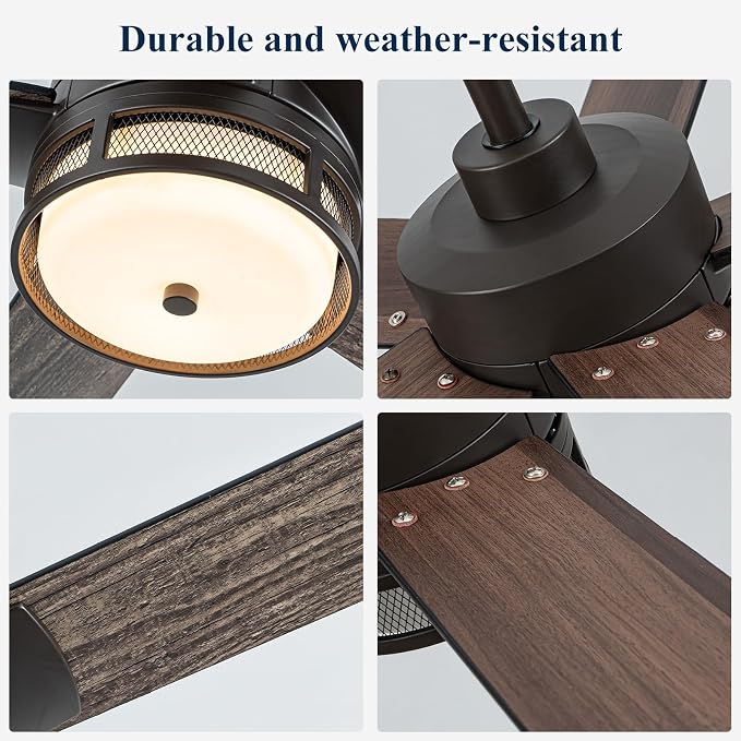 NORFOLK 52 Inch Outdoor Waterproof Ceiling Fans with Lights, Rustic Ceiling Fan and Remote for patios, Wet Rated 3 Color LED Lighting for Patios, Gazebos and Farmhouse