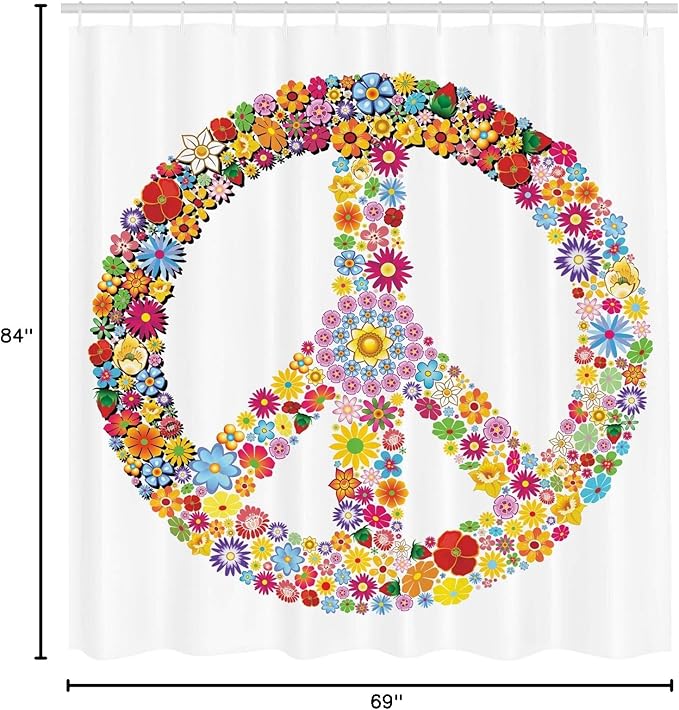 Ambesonne Groovy Shower Curtain, Floral Peace Sign Summer Spring Blooms Love Happiness Themed Illustration Print, Cloth Fabric Bathroom Decor Set with Hooks, 69" W x 84" L, White