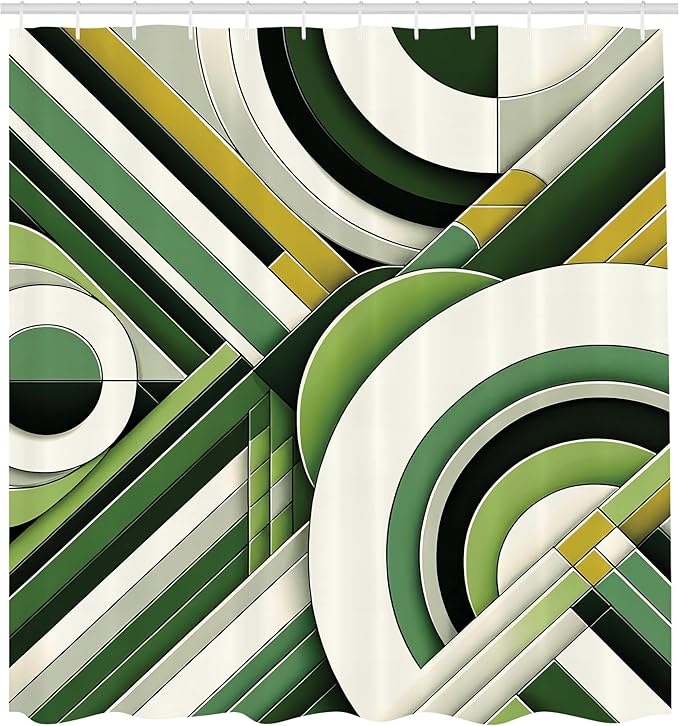 Ambesonne Green Shower Curtain, Mid Century Modern Boho Style Geometric Rounds and Lime Tone Lines Abstract Art, Cloth Fabric Bathroom Decor Set with Hooks, 69" W x 75" L, Eggshell Khaki