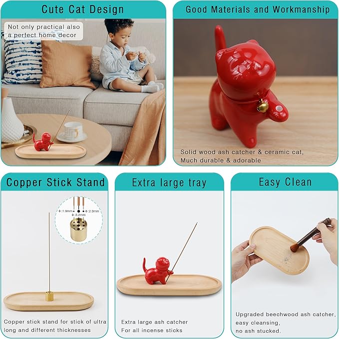 Cute Ceramic Cat Incense Stick Holder, Incense Burner Set, Large Beechwood Ash Catcher Copper Incense Stand Incense Sticks Brush, Meditation Yoga Massage Work Read Home Decor (A, C-Red)