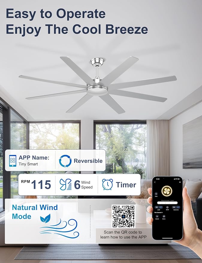 72'' Silver Large Ceiling Fan No Lights for Garage Shop | Remote/APP Control, 7138 CFM Airflow, Quiet DC Motor, Reversible Airflow, 8 Blades Overhead Fan for Covered Outdoor Patio
