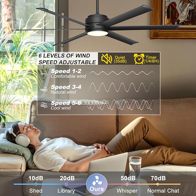 Ohniyou 60" Industrial Ceiling Fan with Lights - Remote & APP Control, Dimmable, DC Motor, Outdoor Fan with Aluminum Blades for Patio Living Room, Black