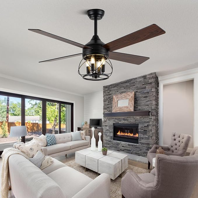 52" Industrial Ceiling Fans with Lights and Remote Control | ReversibleQuiet DC Motor,4 Double Finish Wood Blades,Rustic Ceiling Fan with Light For Porch,Living Rooms,Bedroom