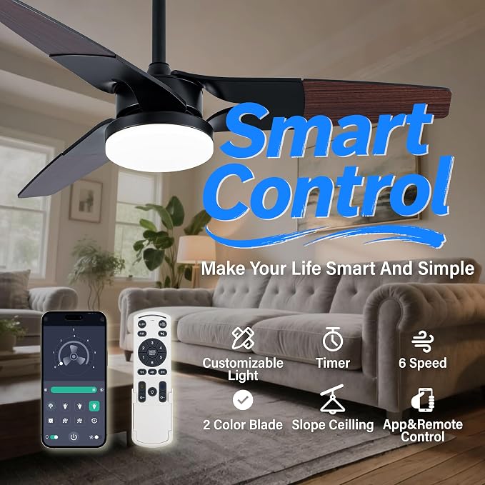 Ceiling Fan with Lights and Remote, 3 Blade App Control Timer Reversible Stepless Brightness and Color Temperature Outdoor Wood Ceiling Fan with Lights (Black, 42 In'ch)