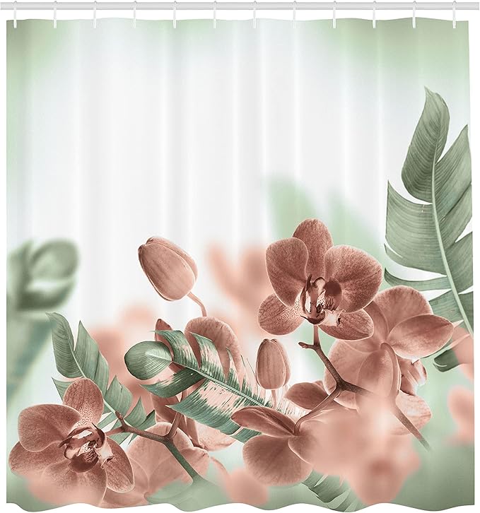 Ambesonne Tropical Shower Curtain, Exotic Orchids Blossom Leaves on Blurred Background Floral Themed Modern Art, Cloth Fabric Bathroom Decor Set with Hooks, 69" W x 70" L, Reseda Green