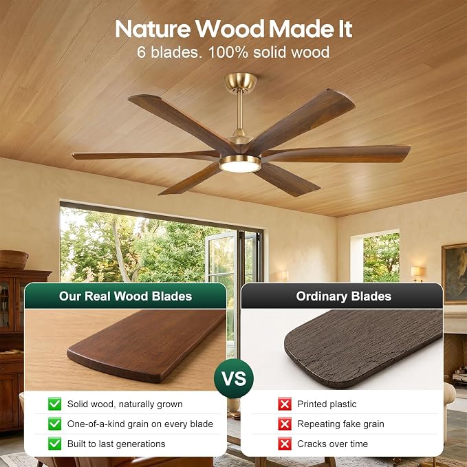 60 Inch Smart Outdoor Ceiling Fan with Lights, Gold Brass Walnut Finish, 6 Solid Wood Blades, Remote/Alexa/App Control, High CFM Quiet DC Motor, Modern Farmhouse Style for Indoor Large Room