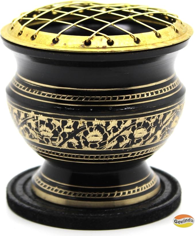 Govinda® -Tall Decorated Brass Charcoal Screen Incense Burner