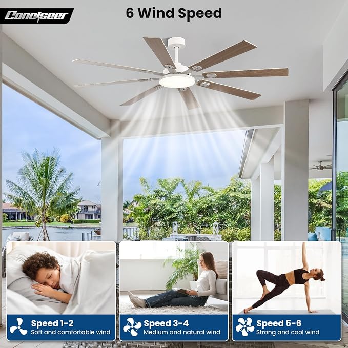 72 Inch Ceiling Fans with Lights and Remote, Dual Color 8 Blades, Bedroom Living Room Office Library Cafe Outdoor Industrial, 3CCT Dimmable, 6 Speed Reversible Quiet DC Motor, White/Wood Grain