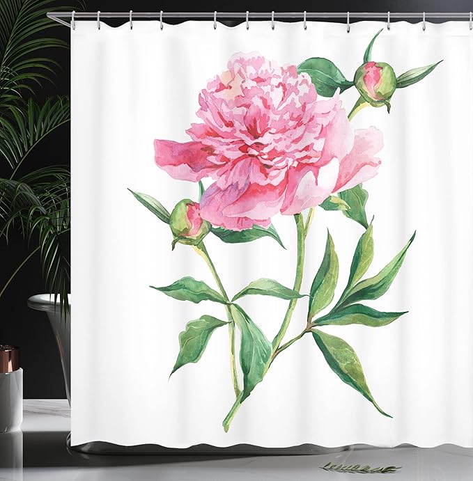 Ambesonne Watercolor Flower Shower Curtain, Vintage Peony Painting Botanical Spring Garden Flower Nature Theme, Cloth Fabric Bathroom Decor Set with Hooks, 69" W x 84" L, Pink White Green
