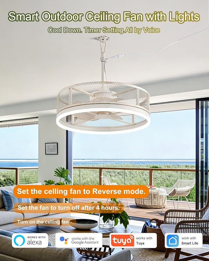 20'' Outdoor Ceiling Fan with Light, IP65 Waterproof Gazebo Hanging Fan, Remote Control, 3CCT, 6-Speed, Plug-in Caged Ceiling Fan for Patio Porch Pergola, Works with Alexa & Google Assistant