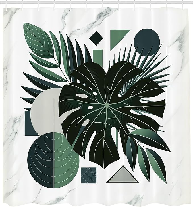 Ambesonne Dark Green Shower Curtain, Geometric Shapes with Tropical Leaf Monstera and Palms Marble Print, Cloth Fabric Bathroom Decor Set with Hooks, 69" W x 75" L, Forest Green Pale Grey