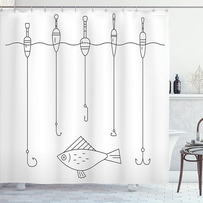Ambesonne Nautical Shower Curtain, Fishing Tackle Floaters Hooks Fishing Gear Equipment Doodle Style Art, Cloth Fabric Bathroom Decor Set with Hooks, 69" W X 75" L, Grey Charcoal