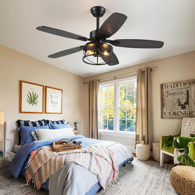 Hounberi 52 Inch Farmhouse Ceiling Fan with Light and Remote Control | 5 Dual Finish Blades, 6 Speeds, Quiet, Reversible DC Motor, Black Industrial Caged Ceiling Fan for Bedroom, Living Room