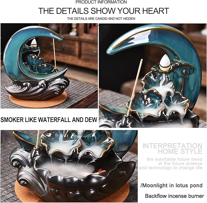 New Moon Backflow Incense Holder, Ceramic Hand-Made Incense Fountain Burner with 100 Backflow Incense Cones，Fragrance Incense Stick，Mat，Aromatherapy Home Decoration