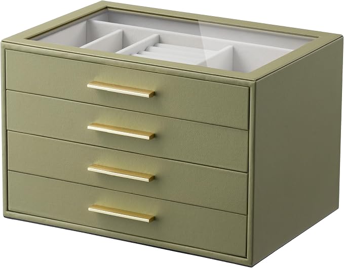 Jewelry Box Organizer Case for Women: 4-Layer Jewelry Storage Case with Glass Window, Olive Green Leather with Cream Velvet, Holder for Ring Necklace Bracelet Brooch Watch, Great Gift for Her