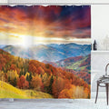 Ambesonne Forest Shower Curtain, Panoramic Trees Rays Sunrise and Dramatic Rain Clouds View Landscape of The Woodland Nature, Cloth Fabric Bathroom Decor Set with Hooks, 69" W x 84" L, Yellow Orange
