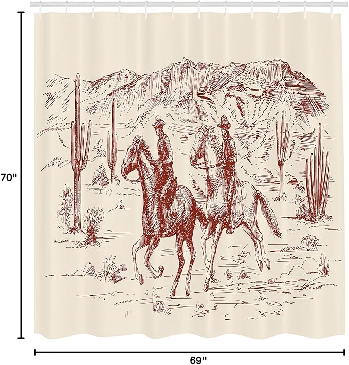 Ambesonne Western Shower Curtain, Country Theme Hand Drawn Illustration of American Wild West Desert with Cowboys, Cloth Fabric Bathroom Decor Set with Hooks, 69" W x 70" L, Cream Maroon