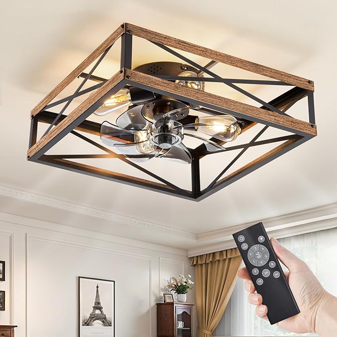 LEDIARY 20” Caged Flush Mount Square Ceiling Fans with Lights and Remote | 6 Speed and Reversible, Small Farmhouse Rustic Ceiling Fan, Low Profile Ceiling Fan for Bedroom, Kitchen, Dining Room