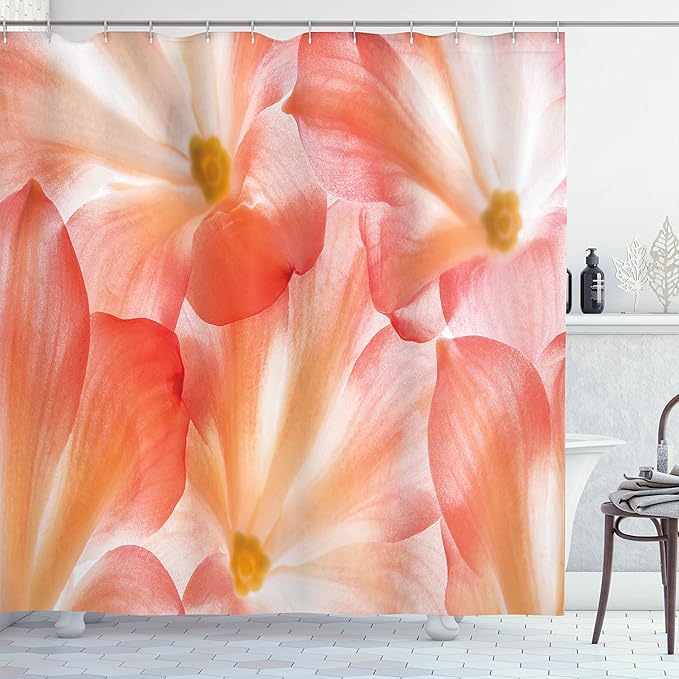Ambesonne Floral Shower Curtain, Pastel Color Spring Flowers in Detail Fresh Soft Texture Natural Romantic Macro Photo, Cloth Fabric Bathroom Decor Set with Hooks, 69" W x 70" L, Salmon