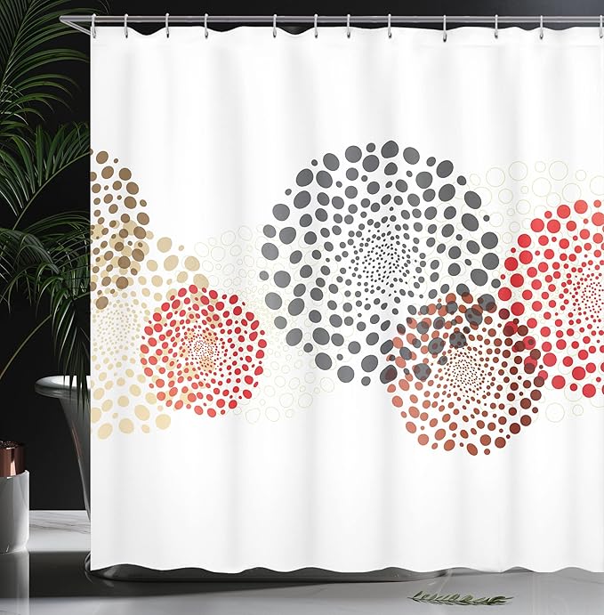Ambesonne Abstract Shower Curtain, Modern and Cool Design with Abstract Dots Like and Circled Design Artwork, Cloth Fabric Bathroom Decor Set with Hooks, 69" W x 70" L, Red Grey
