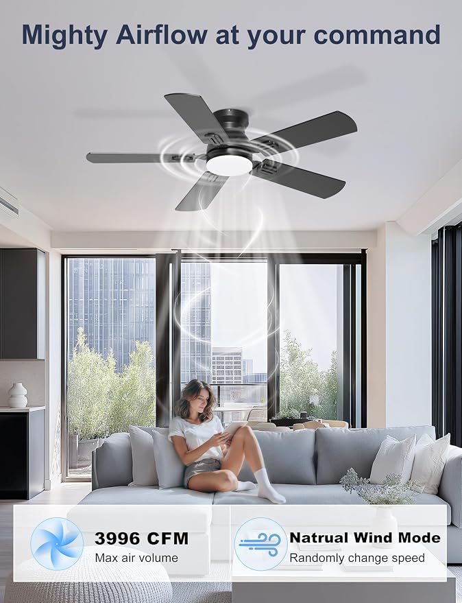 42'' Black Flush Mount Ceiling Fan with Lights for Kids Room | App/Remote Control, Low Profile, Space-Saving, Quiet DC Motor, 3CCT Dimmable, 6 Speeds Modern Overhead Fan for Low Ceilings
