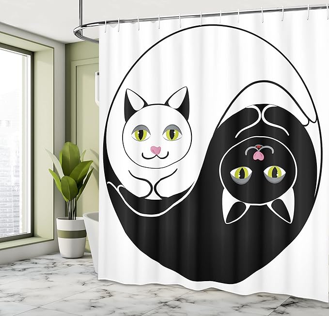 Ambesonne Ying Yang Shower Curtain, Black and White Cuddling Cats in Yin Yang Form Harmony and Balance Kitten, Cloth Fabric Bathroom Decor Set with Hooks, 69" W x 70" L, Black White